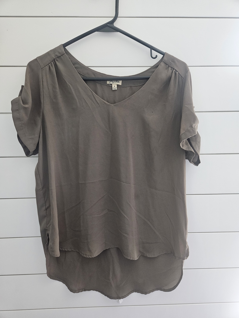 Lily White Taupe V-Neck Layered Short Sleeve Blouse